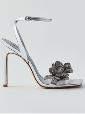 Steve Madden Ulyana Metallic Silver Floral Ankle-Strap Heels